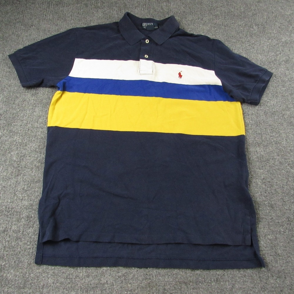 Polo Ralph Lauren Shirt Mens Large Navy Blue Yellow Striped Short Sleeve Cotton